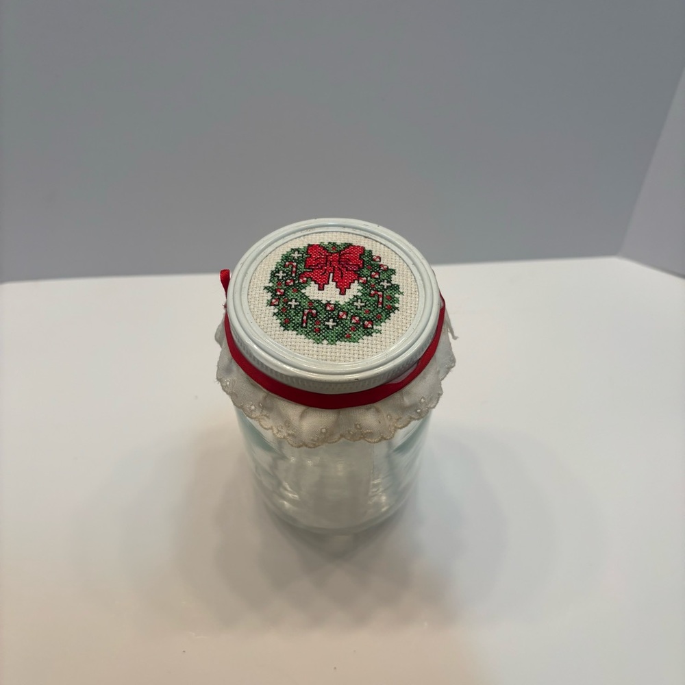 Holiday Glass Jar with Christmas wreath embroidery on mason jar lid